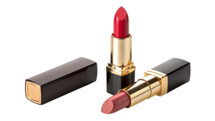 Luxury lipsticks: red and nude shades for beauty and makeup on transparent background