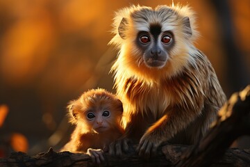 A captivating image of a monkey and its baby, bathed in warm golden light, symbolizing the bond between parent and offspring amid a serene natural backdrop.