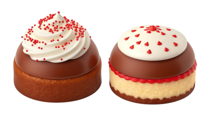 Delicious chocolate mousse cakes with whipped cream and red sprinkles on transparent background
