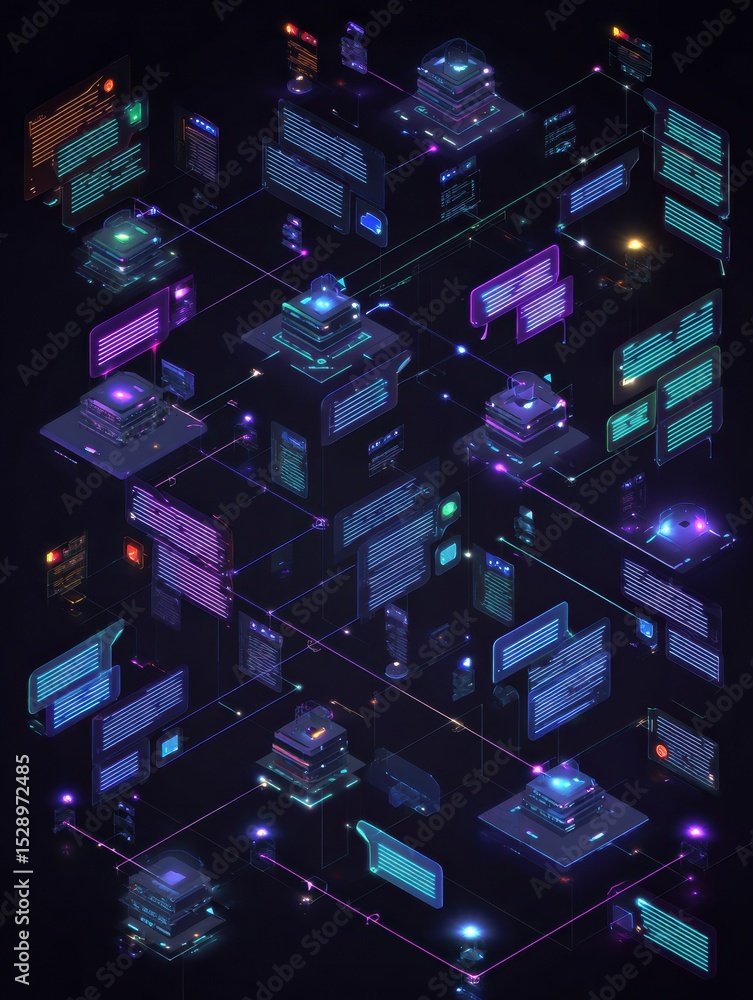 Poster Chatbot Architecture Infographic Showcasing Message Bubbles, Servers, and Neural Networks With a Futuristic Neon Design on a Dark Background