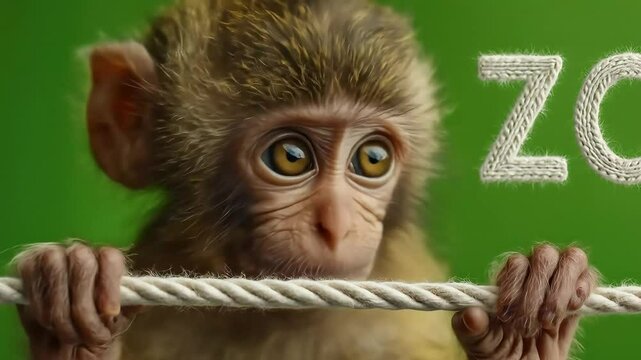 Baby Monkey Zoo Rope Green Background.