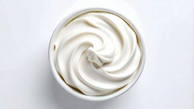 Delicious white cream swirl in a ceramic bowl. Close-up top-down studio shot of fresh dairy topping, dessert ingredient on clean white background.