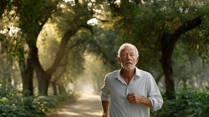 Elderly Man Jogging in Park at Sunrise