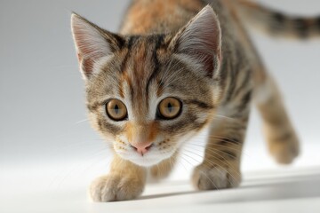 Obraz premium Curious kitten with wide eyes and playful stance ready for adventure on a bright white surface – commercial concept image