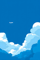 青空に飛行機が浮かぶイラスト。旅行や自由のイメージに最適
