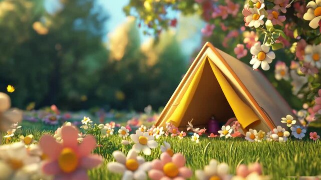 A cartoon style tent for camping is on the meadow