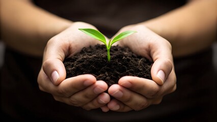 Close-up of hands holding soil and a young sprout