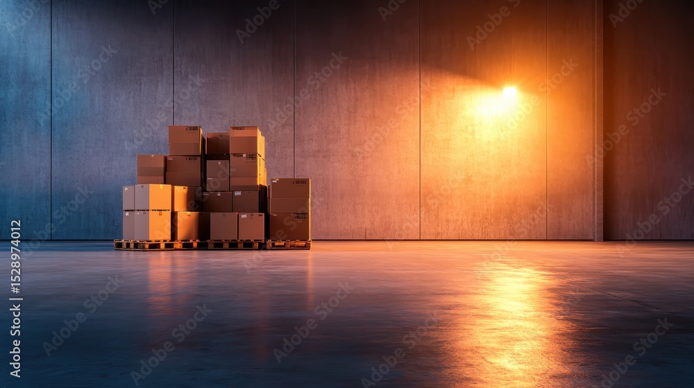 Aufkleber an array of stacked cardboard boxes in a dimly lit warehouse setting illuminated by warm light, show