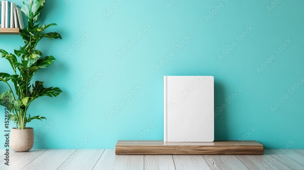 Aufkleber a minimalist setting showcasing a blank notebook resting on a sleek shelf against a vibrant turquois