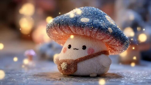 Cute mushroom toy with winter bokeh.