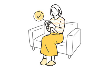 ソファに座ってスマホを操作する若い女性のイラスト素材