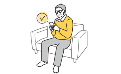 ソファに座ってスマホを操作するシニア男性のイラスト素材