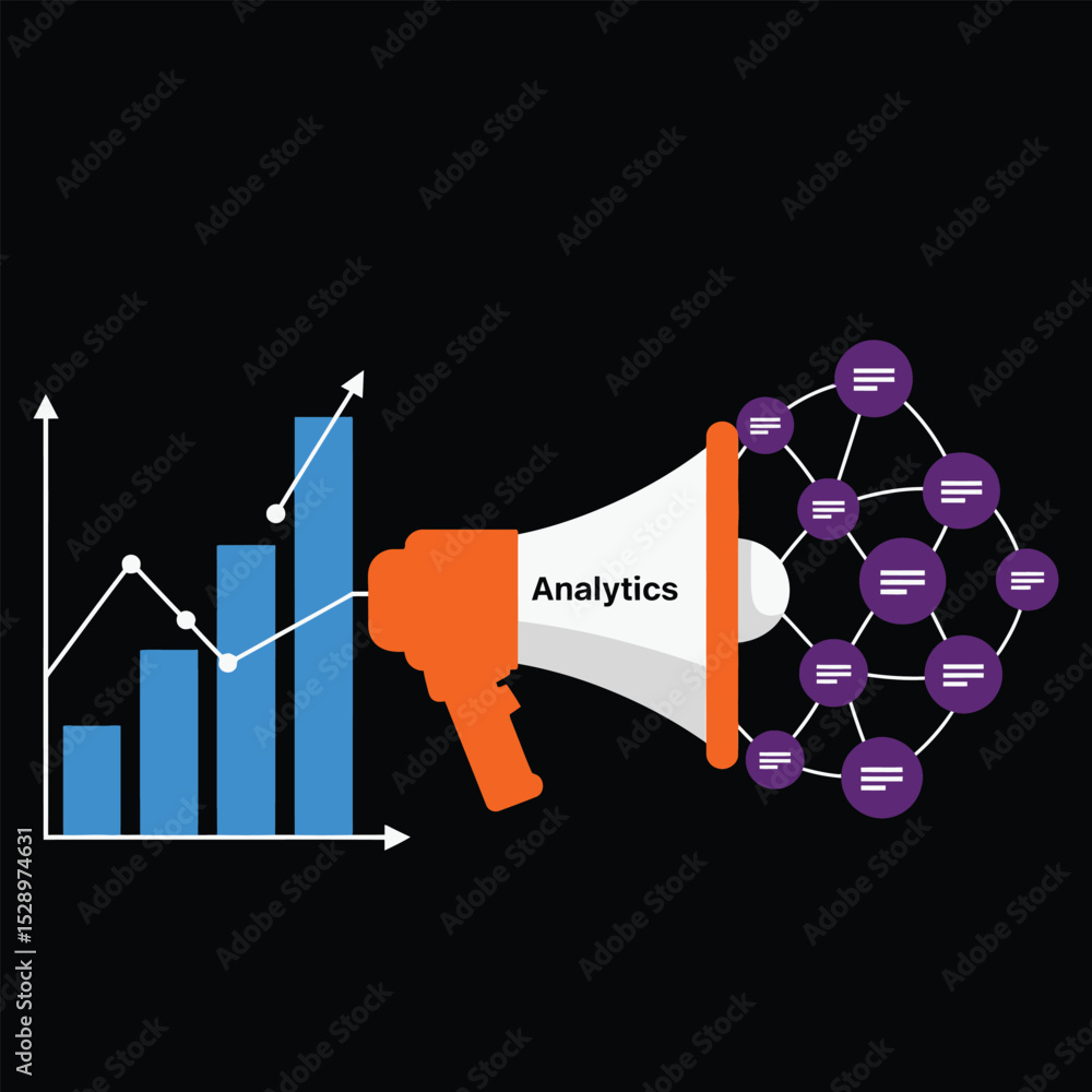 Poster analytics growth data visualization with megaphone and network