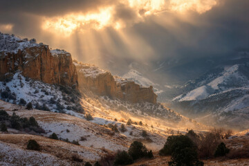 Naklejka premium Golden sunrise rays illuminating snowy mountain cliffs