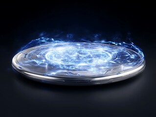 silver sci-fi wireless charging disk rotating glowing energy field reflective metallic texture editorial tech illustration