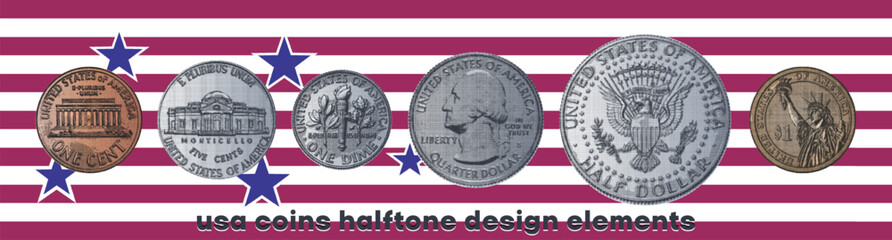 Vector set of US change coins. Design elements, halftone effect. Dot tokens. Sample collection. United States of America. Penny, nickel, dime, quarter, cents and dollar