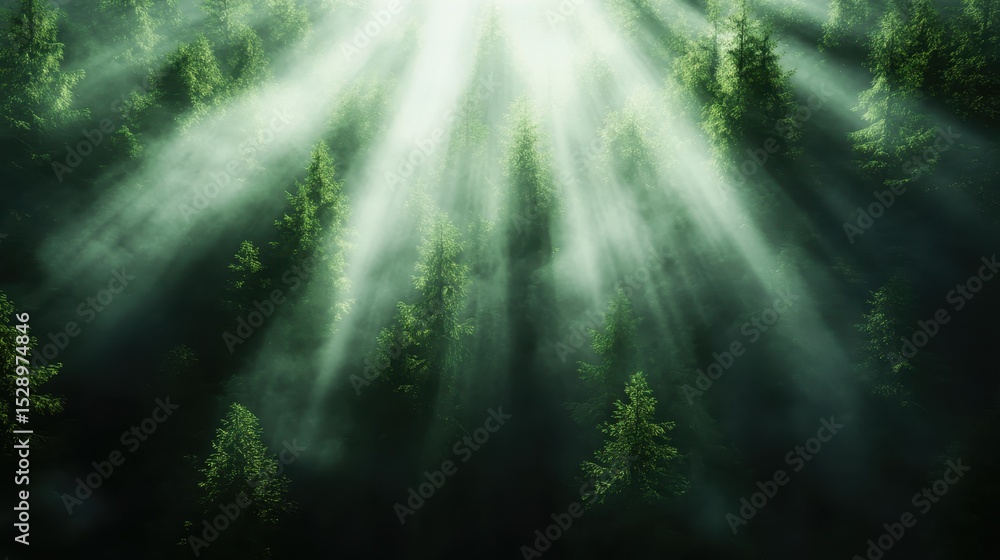 Aufkleber mysterious rays of sunlight cascading through a dense forest canopy create an ethereal atmosphere, s