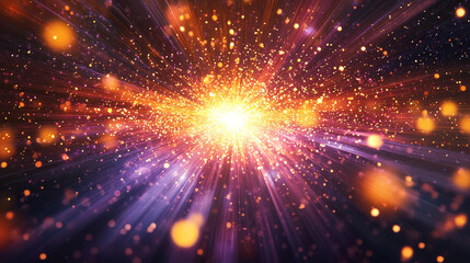 Fototapeta premium Central explosion of vivid light rays in orange, yellow, and purple tones against a dark background, showcasing intense energy and motion