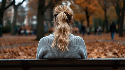 A contemplative woman with long blonde hair sits on a bench surrounded by vibrant fall foliage, capturing the essence of autumn's beauty and tranquility in the park.