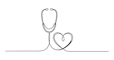 Continuous Line Drawing of Stethoscope and Heart Symbol for Medical Concept and Healthcare Isolated on White Background Vector Illustration