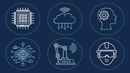 Futuristic AI and technology vector icons sleek modern outline set featuring microchip, neural network, robotic arm, cloud computing, IoT devices, and VR headset on a clean white background.