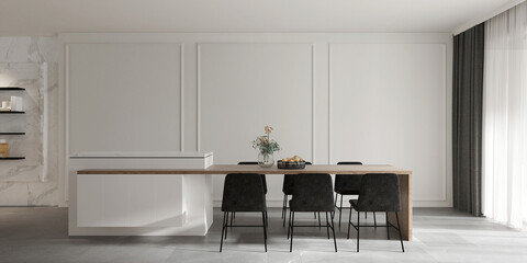 Modern home and living and dining room with cozy pantry island and bar stool mockup on classic white pattern wall background. 3d rendering