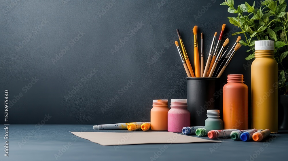 Aufkleber a vibrant collection of paint bottles and brushes on a sleek surface, creating an inspiring atmosphe