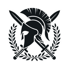 Spartan Helmet with Crossed Swords and Laurel Wreath Symbol of Strength Courage and Victory in Black and White Style