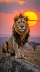 Obraz premium Majestic lion king posing on a rock with a golden sunset sky in the african savanna