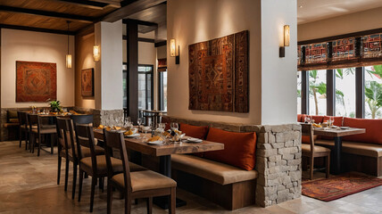 Andean dining area restaurant design with traditional wood accents warm ambiance artistic cultural...