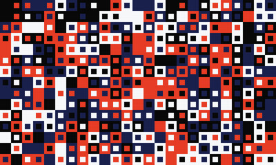 Abstract geometric pattern of red, white, black, and blue squares.  A vibrant, modern design ideal for backgrounds, textiles, or tech presentations.