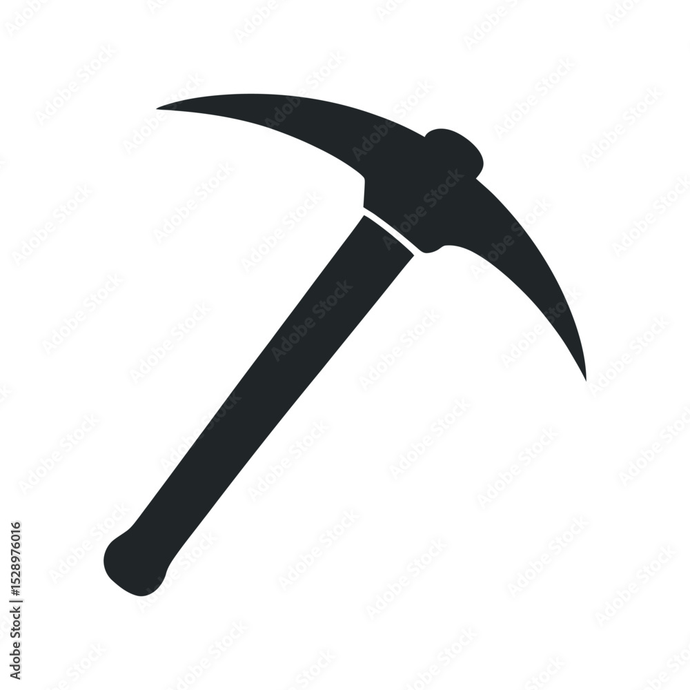 Poster simple graphic of a pickaxe tool for mining construction or breaking ground shown in dark gray on a 