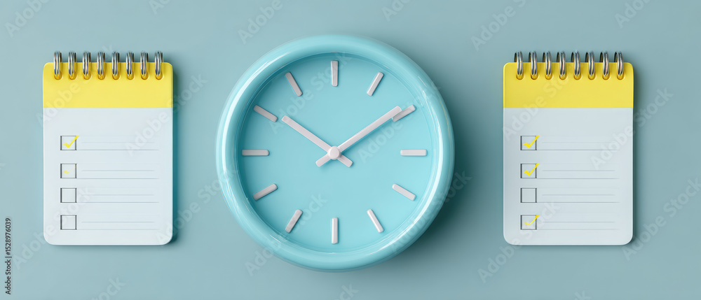 Poster time management tools organizing schedules with notepads and clocks in a modern office environment