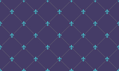 Elegant repeating pattern featuring teal fleurdelis on a deep purple background.  Perfect for luxurious designs, invitations, website backgrounds, or textile prints.