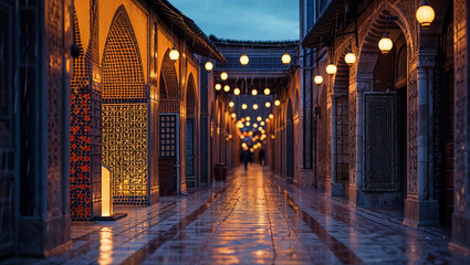 Obraz premium Evening view of an alleyway in the medina lit with warm globe lights and architecture.