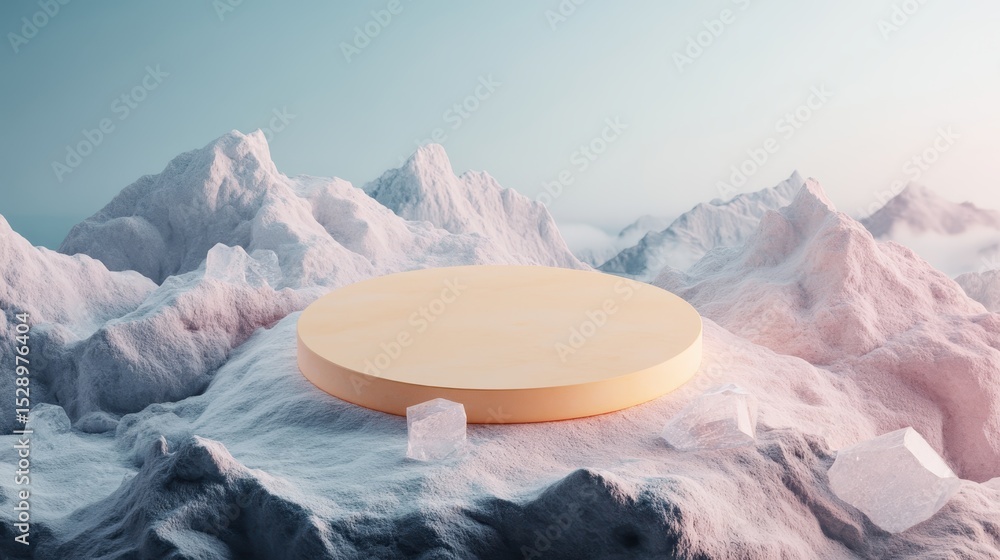 Aufkleber a simplistic and modern staged circular platform set against a backdrop of stunning snow-capped moun