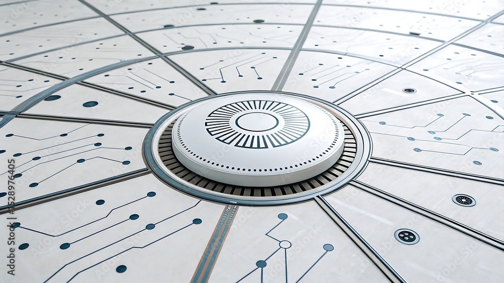 Poster futuristic white radial circuit interface design, symbolic of data processing hubs, artificial intel