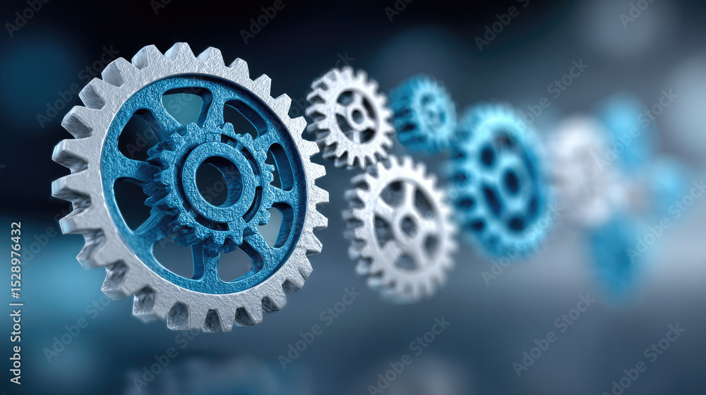 Poster mechanical gears in motion industrial setting 3d high-tech environment close-up view engineering con