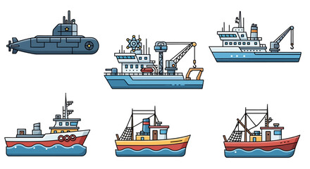 Collection of Various Marine Vessels and Ships Icons Set