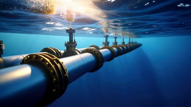 Underwater pipeline infrastructure with surface supports, steel pipes and flanges in a row, with sea water and sunlight above