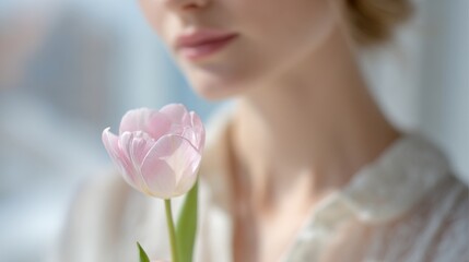 Naklejka premium A woman holds a pink tulip by a sunny window, evoking feelings of tenderness and springtime renewal