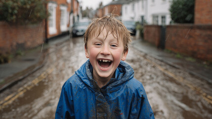 Young boy with wet hair wearing a blue raincoat is joyfully laughing in a muddy street, surrounded by charming houses, capturing the essence of childhood happiness and carefree moments