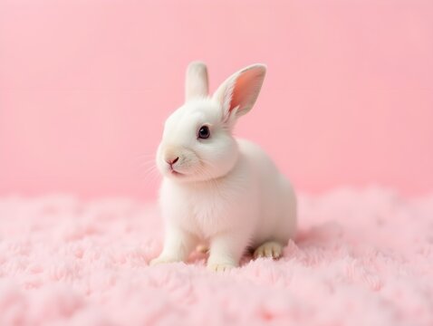 Adorable baby rabbit sitting on fluffy pink background, cute and gentle animal concept