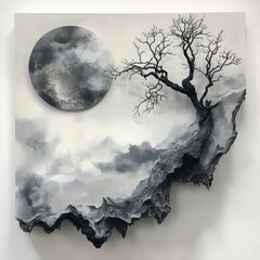 A black and white abstract painting of a tree and a moon against a cloudy sky.