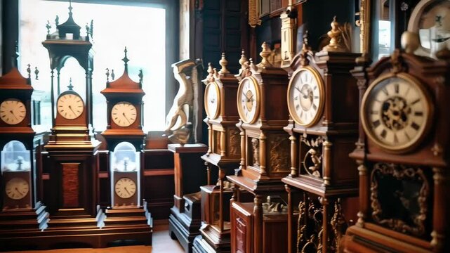 A row of vintage wooden grandfather clocks with ornate details displaying the time in an antique shop, adding a retro feel.