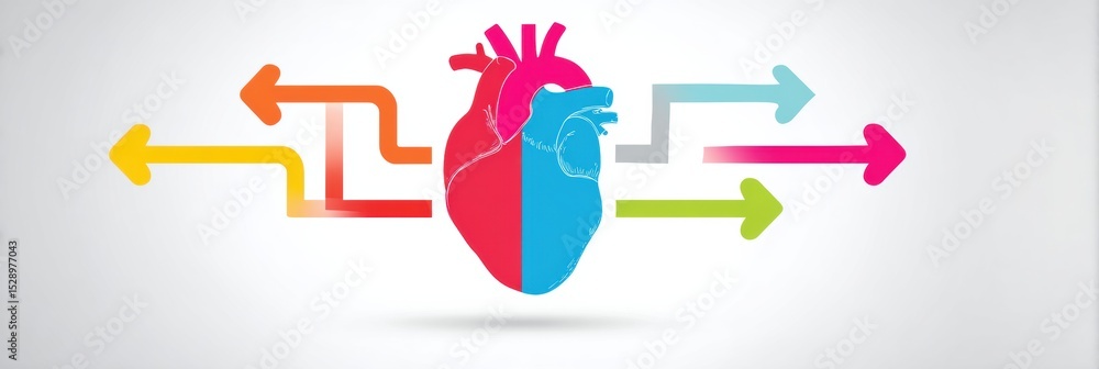 Poster infographic with heart illustration at center and four colorful arrows pointing outward illustrating
