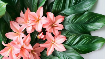 Obraz premium Coral flowers and tropical leaves on white background.