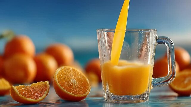 Fresh Orange Juice Pouring Beach.