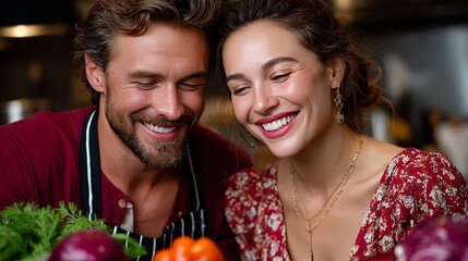 Loving couple in kitchen: A lovely couple beams with happiness and joy while preparing fresh vegetables in the inviting kitchen. Warm, loving ambiance shows in this photo. 