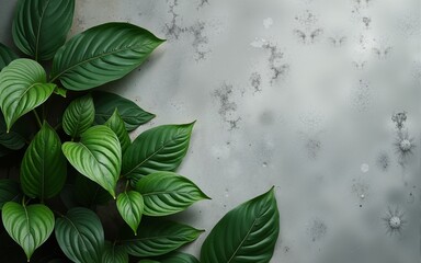 Green plant leaves on a textured damp cement floor creating a natural contrast and organic aesthetic for interior design or sustainability themes. High quality